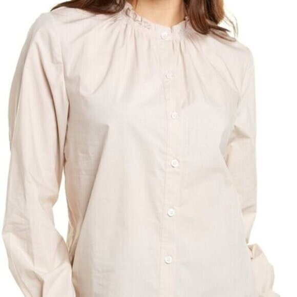 Thakoon Ruffle Blouse Cotton High Collar Long Sleeves Tan/Cream Button Front M - Picture 2 of 13